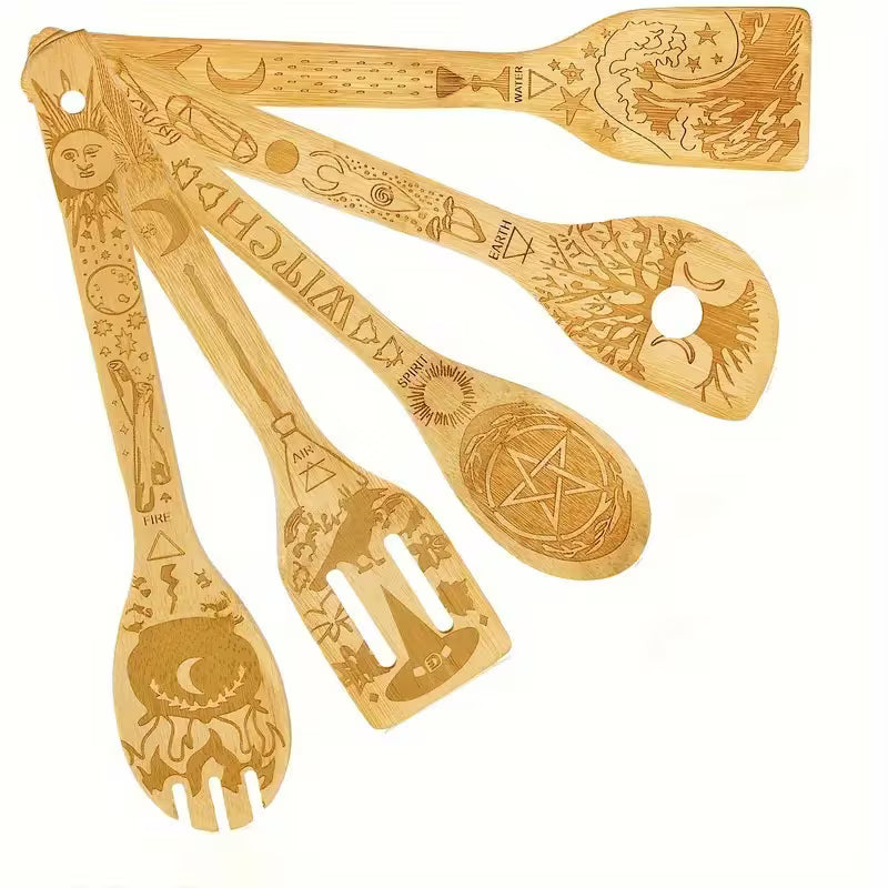 Set of wooden utensils with engraved designs on a white background