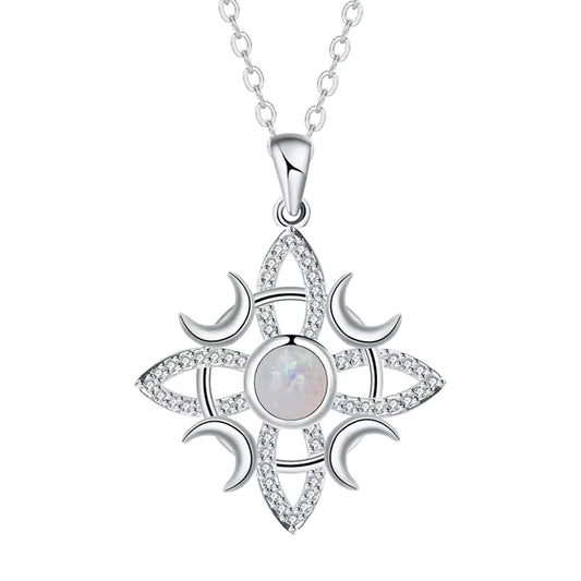Sterling silver witch’s knot necklace with moon phase design, opal center stone, and celestial Celtic-inspired pendant on silver chain.
